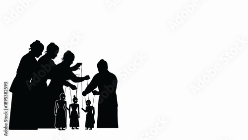 Silhouettes of puppet masters controlling marionettes. Figures demonstrate manipulation, power, influence; puppet masters symbolize social dynamics. Image highlights control,