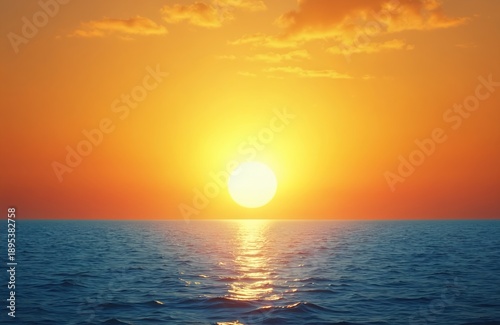 Bright sun sets over calm ocean water. Warm orange sky meets deep blue sea at horizon. Gentle waves reflect sunlight creating shimmering path towards viewer.