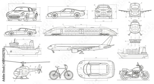Collection of Transportation Vehicle Blueprints and Technical Drawings.