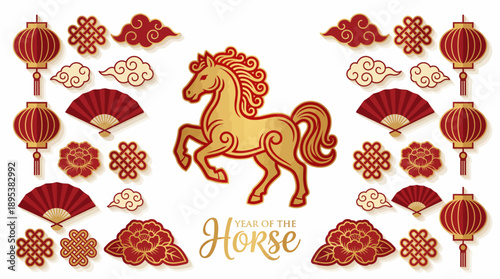 2026 Chinese New Year Horse Vector – Golden Floral Horse Surrounded by Lanterns, Fans, Blossoms, and Clouds for Festive Zodiac Celebration and Cultural Design