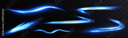 Light blue glowing energy trails with flowing neon waves on dark background.
