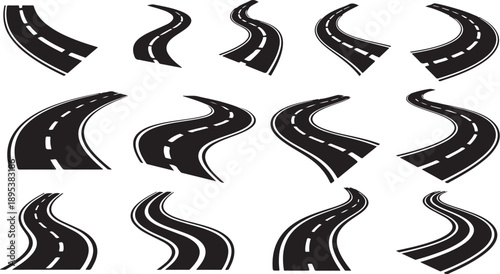 Collection of various road curve icons on white background