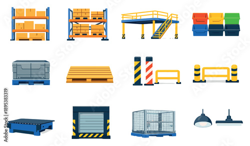 Warehouse Storage Infrastructure in flat style: storage racks, pallet shelves, mezzanine floor, storage bins, bulk containers, pallet boards, aisle markers. Vector icons