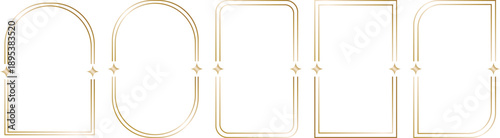 Minimal arch frame outline set in soft gold style. Geometric window and doorway shapes for elegant layouts and modern branding. Clean vector elements for posters, invitations, and digital design.