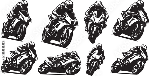 Motorcycle Riders in Various Dynamic Racing Positions Illustration Set