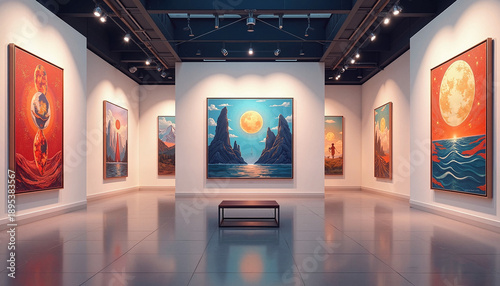 Art gallery with vibrant paintings on display
