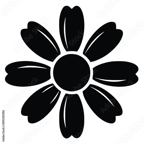 Simple black and white illustration of a stylized flower with rounded petals and a circular center perfectly isolated on a white background