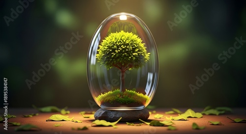 Earth day eco friendly green energy concept with glass terrarium and moss