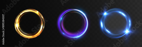 Light glowing energy rings in blue, purple and gold colors on transparent background.
