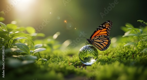Earth day emblem monarch butterfly on green grass symbolizing green energy and sustainability