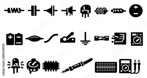 Circuit Components in bold style: resistor, capacitor, diode, transistor, inductor, voltage source, battery, wire, switch, ground symbol, fuse, relay, LED. Vector icons
