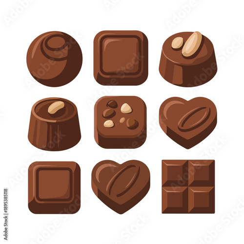A collection of assorted chocolate candies on a white background