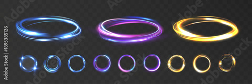 Light glowing energy rings in blue, purple and gold colors on transparent background.
