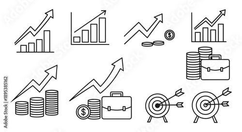 Business growth illustrated with graphs and financial icons showcasing success and strategy in a professional setting from a straightforward viewpoint.