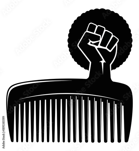 An illustration of a comb with a raised fist emerging from afro hair, symbolizing empowerment and solidarity, viewed from the front with bold lines.