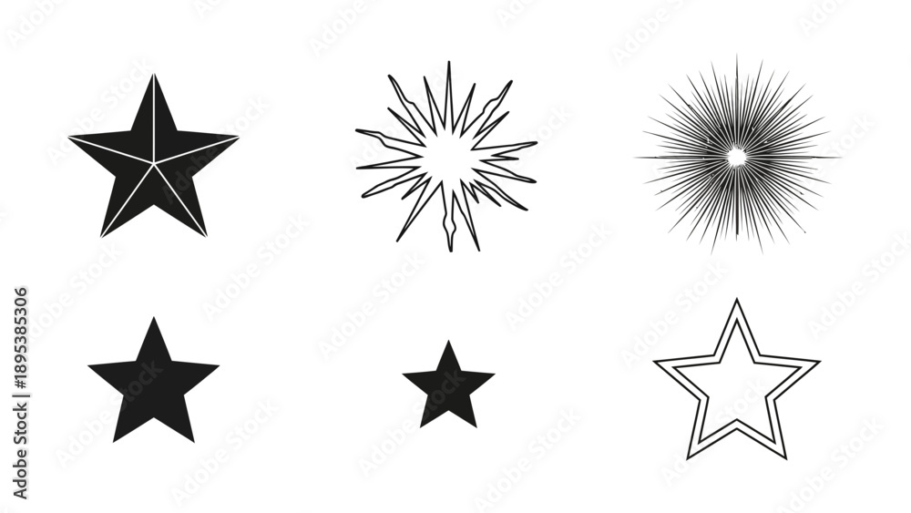 Obraz premium Collection of various star shapes and explosion graphics displayed together in a grid on a plain white surface viewed from directly above.