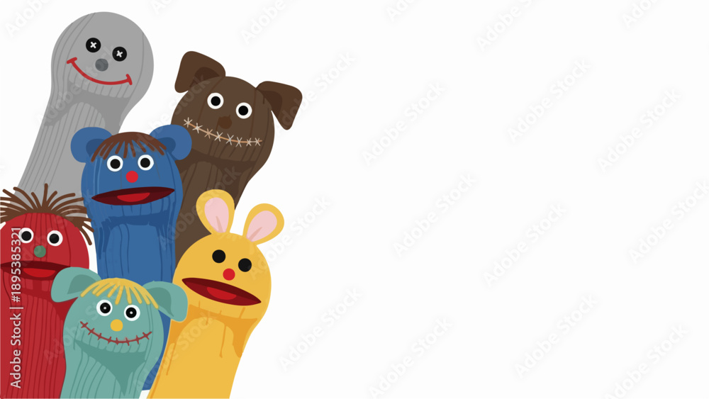 Fototapeta premium Colorful sock puppets peeking from corner, displaying various expressions and friendly faces, sock puppets create playful atmosphere.