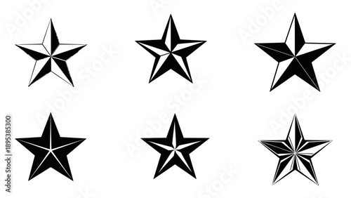 Six black and white star illustrations arranged in two rows on a transparent background viewed from directly above.