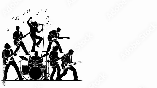 Silhouettes of a music band performing live, musicians playing guitars, drums, and singing on stage. Dynamic music band illustration depicts energetic performance with musical notes flying around.
