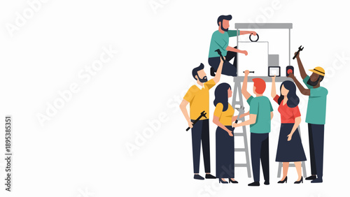 Diverse group working on team collaboration project, actively assembling components on a large whiteboard for new solutions. People engaged in team collaboration project,