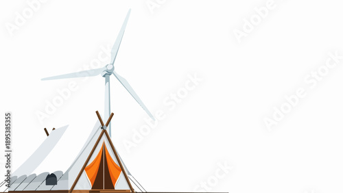 Eco living tent stands beside modern wind turbine, showcasing sustainable energy solution. This eco living tent features minimalist architectural design,