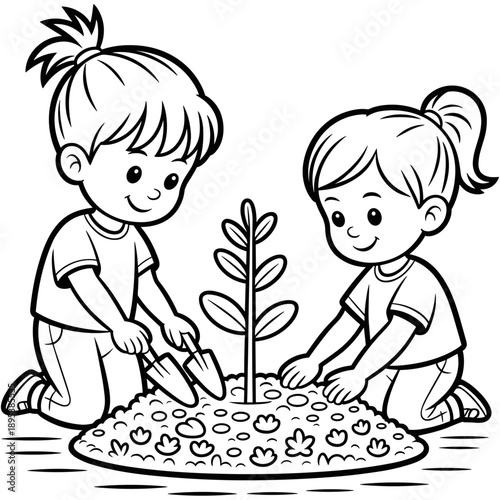 Happy children planting trees for Earth Day. Kids gardening with seedlings. Cute cartoon planet Earth. Environmental conservation vector coloring book page illustration.