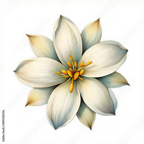 Elegant white floral bloom illustration featuring delicate petals and a vibrant yellow center for graceful design projects isolated on white background