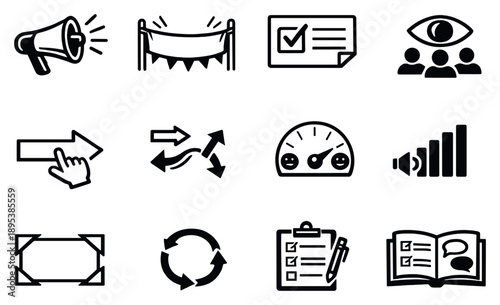 Public Communication and Messaging in outline style: megaphone, announcement banner, key message card, audience eye icons, call to action arrow, narrative flow. Vector icons