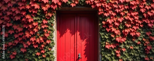 Vibrant red double door framed by rich green and red ivy leaves on stone wall. Natural growth covers building exterior. Autumnal plant contrast.