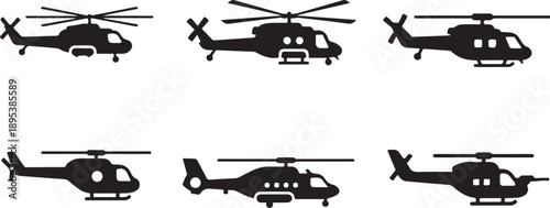 Diverse collection of black helicopter silhouettes illustrating various aircraft models and designs