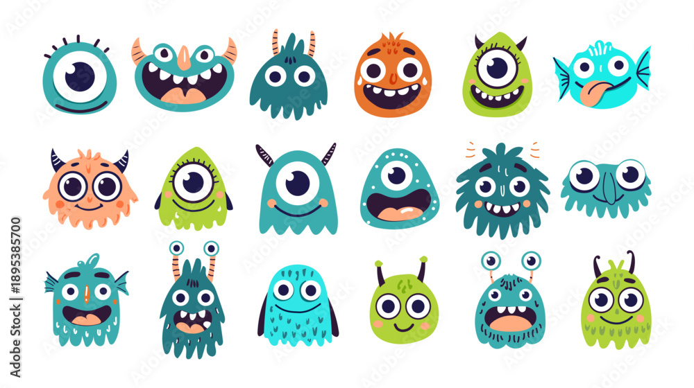 Fototapeta premium Collection of cute funny monster characters in bright flat vector style. Perfect for kids designs, stickers, games, apps, education, Halloween themes, emojis, posters, branding 
