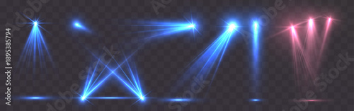 Set of bright blue theatrical spotlights with volumetric light beams, lens flares and glow effects on transparent background. Ideal for concert stage, club lighting, show, performance and event design