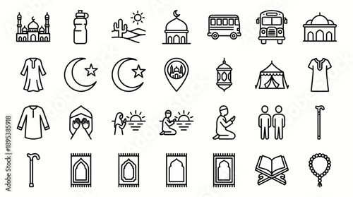 Islamic Culture & Practice Vector Icon Set – 20 Black Line Illustrations Depicting Prayer, Travel, Attire, Quran, and Symbols for Faith-Based Design and Education