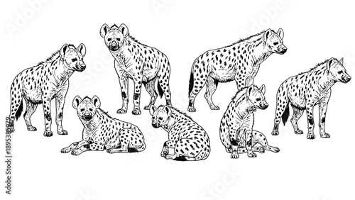 Illustration of seven hyenas with various poses, some standing and others sitting. Each hyena has a spotted coat, conveying a natural and alert tone.