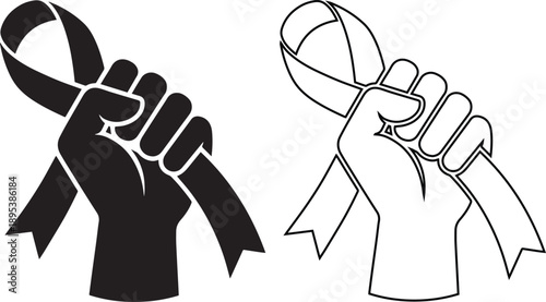 Vector icon set of a raised fist clutching an awareness ribbon, symbolizing strength in the fight against cancer, solidarity for survivors, and hope in medical health charity support.