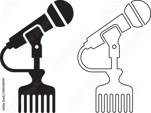 Vector icon design of a microphone integrated with an afro pick comb, symbolizing black culture podcasts, music entertainment voice, and ethnic hairstyle beauty radio broadcasting.