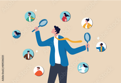 Recruitment finding candidate for job applicant, human resources HR analyze or scan candidate winner, search new people for job opportunity concept, HR recruiter magnifying glass analyze candidate.