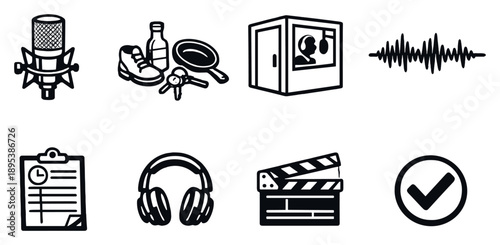 Foley artist role overview in outline style: studio microphone, sound effect props, recording booth, audio waveform, timing cue sheet, headphones, take marker. Vector icons