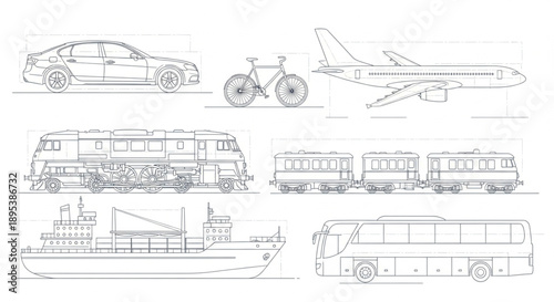 Collection of Transportation Vehicles Line Art Icons.