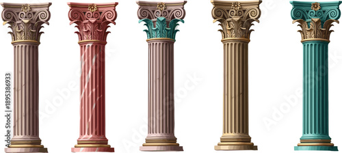 Ancient classical columns collection with colorful Corinthian pillars isolated architectural vector illustration set for history museum temple design projects