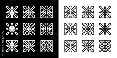 Abstract geometric seamless patterns with black and white mandala ornaments. Perfect for tiles, fabric print, wall art, and luxury branding. EPS 10 fully editable vector set for designers.