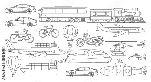 Collection of Transportation Vehicles Line Art Icons.