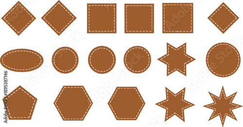 Brown stitched geometric shape labels and badges collection featuring squares, circles, stars and polygons, designed for packaging, stickers, crafts and decorative graphic design use