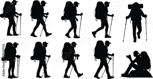 Backpacker hiker silhouettes set showing trekking walking standing resting poses with backpacks isolated black vector illustration collection for outdoor adventure