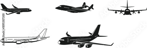 Commercial airplane silhouette icon set featuring passenger aircraft in side and front views, designed in monochrome vector style for aviation, travel and transportation concepts