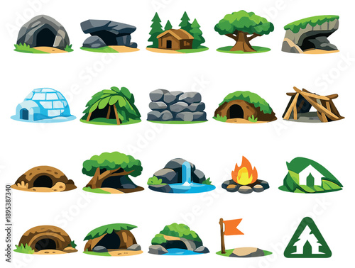 Shelter Natural Refuge in flat style: cave entrance, rock overhang, forest hut, tree canopy, fallen log cover, cliff alcove, snow shelter igloo, leaf shelter. Vector icons