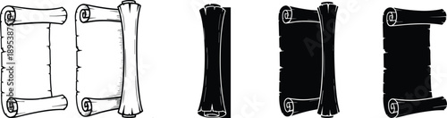 Hand drawn parchment scroll collection with rolled paper edges, vintage manuscript silhouettes in black and white, antique document illustration set for medieval, history, and design use