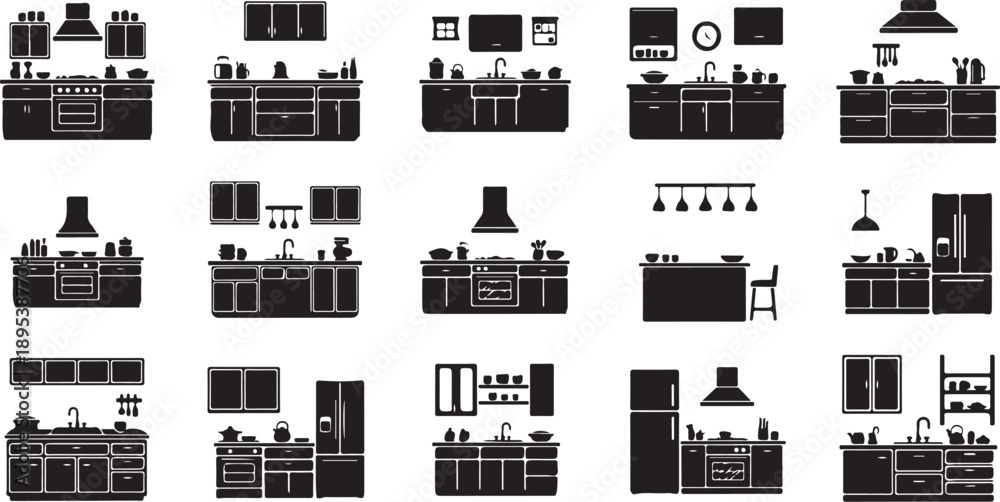 Fototapeta premium Various kitchen icons and utensils in black silhouette style