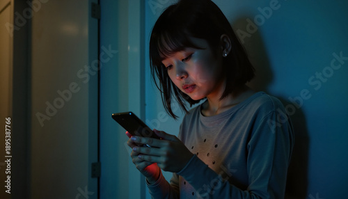 Girl using smartphone with focused expression in dark corridor 

