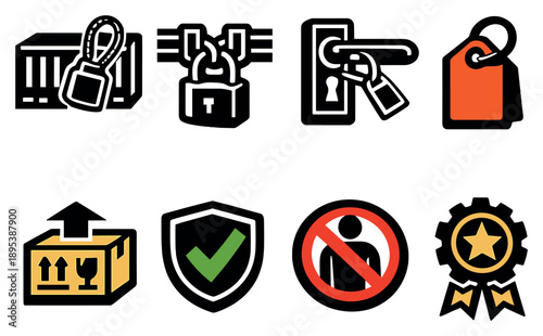 Usage and application in bold style: container seal, cargo lock, door lock seal, equipment tag, shipment indicator, safety check icon, access restriction symbol. Vector icons